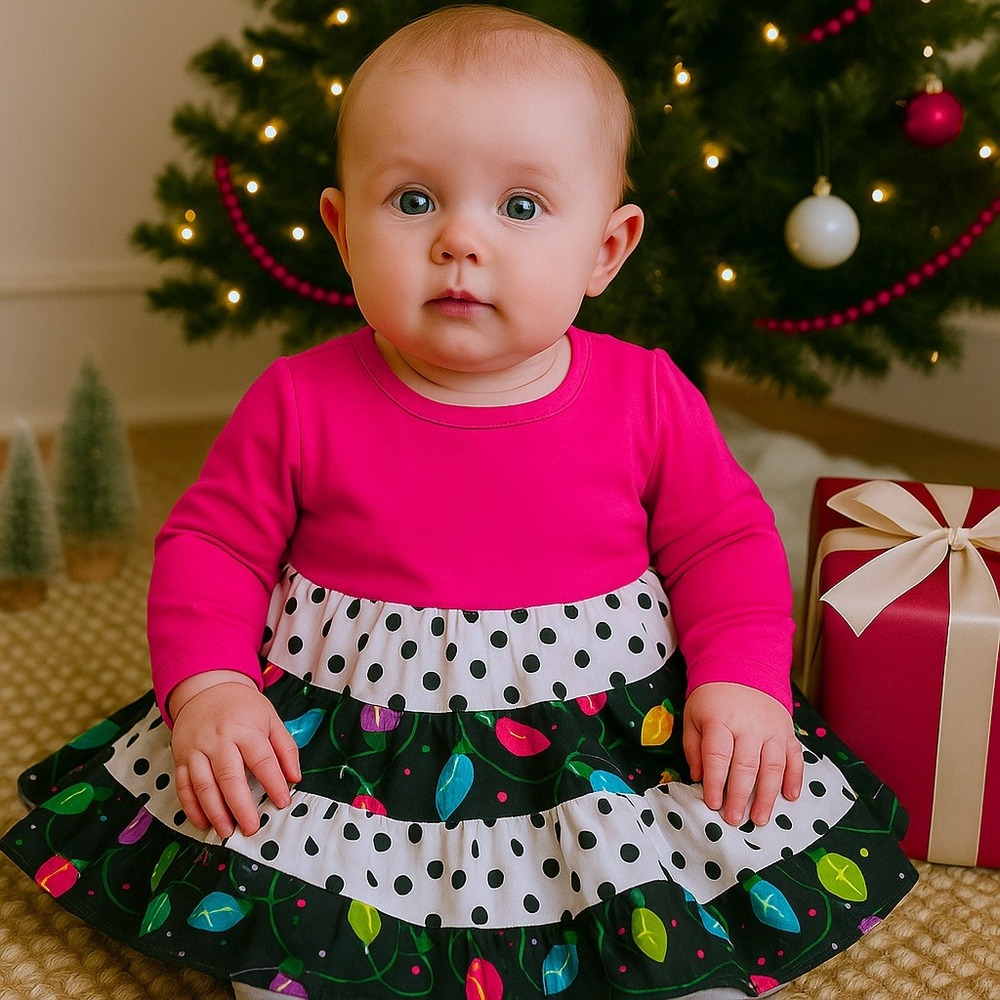 Ricrac and Ruffles Dress Girls 3-6M‎ Pink Long Sleeve Christmas Lights Tiered